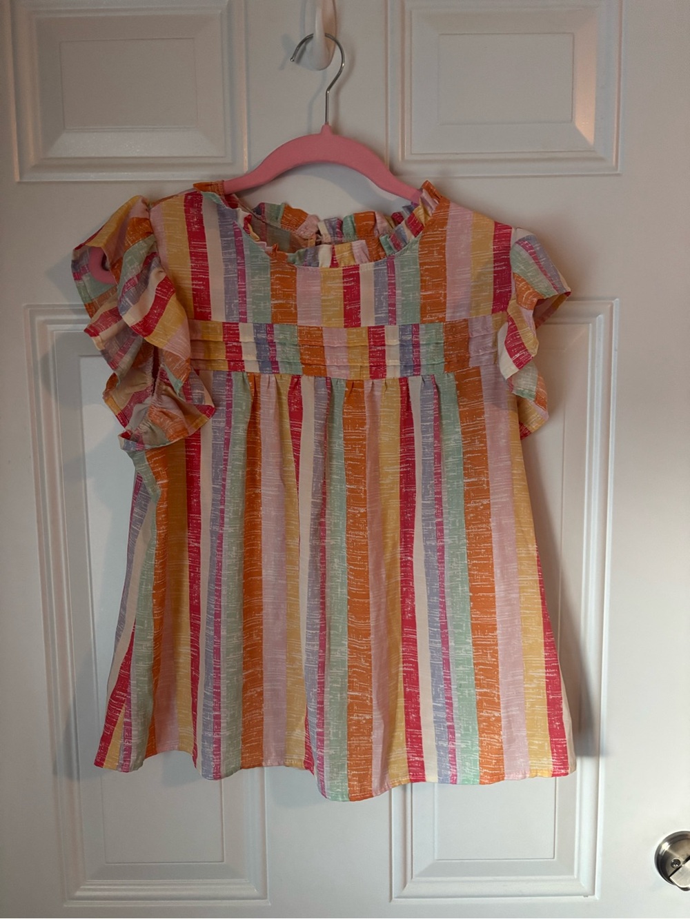 Amazon Striped Ruffle Sleeve Blouse - Pink & Orange - Picture 2 of 5